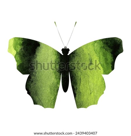 Green watercolor butterfly silhouette on white background. Beautiful butterfly outline for decoration. Watermelon butterfly.