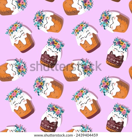 Easter kulich with a wreath of flowers. On light background for cards, banners, textiles. Vector illustration.
