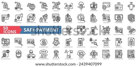 Safe payment icon collection set. Containing encryption, tokenization, fraud detection, authentication, biometric, ssl, payment gateway icon. Simple line vector illustration. Royalty-Free Stock Photo #2439407099