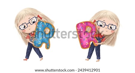 Cute little girl with chocolate donut- letter R. Tasty set on white background. Learn alphabet clip art collection