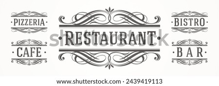 Set of vintage restaurant and cafe logo and signs. Vector illustration. Signboard for pizzeria, cafe, bistro, restaurant, bar.