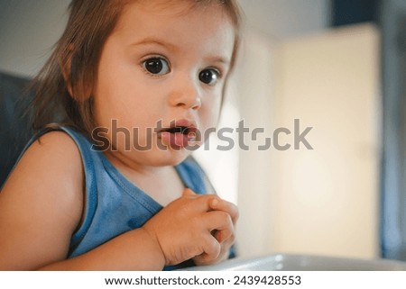 Concentrated caucasian baby feeding time sitting on highchair looking at camera. Cute baby sitting on a high chair. Baby healthy feeding concept. Royalty-Free Stock Photo #2439428553