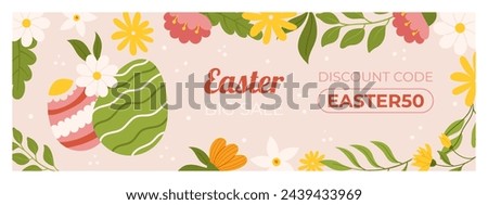 Easter sale horizontal banner template for promotion. Design with  painted eggs, floral elements. Hand drawn flat vector illustration Royalty-Free Stock Photo #2439433969