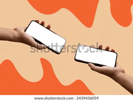 Two people holding mobile with white blank screen