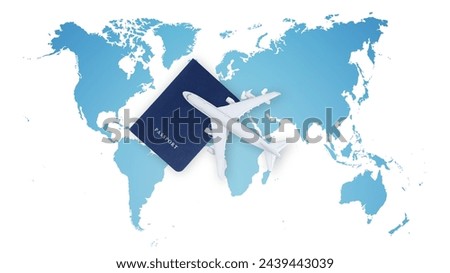 Top view of a passport with airplane and a stethoscope on world map background, medical insurance travel concept whether it's a summer beach vacation or a business trip. Health and safety