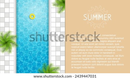 Swimming pool top view with float ring and palm trees, vector illustration.Summer concept design