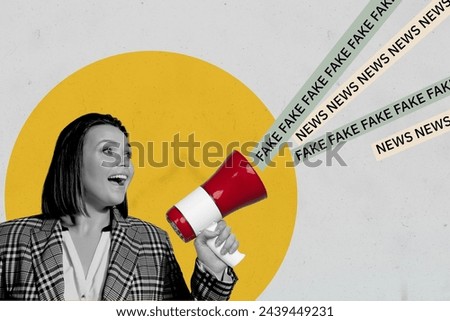 Magazine picture sketch collage image of excited lady broadcasting bull horn fake news isolated creative background