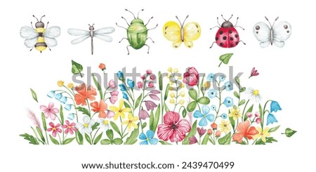 Summer meadow border and insects hand drawn by watercolor. Childish printable clip art. For cards, invitations, banners, logo, scrapbook and so on