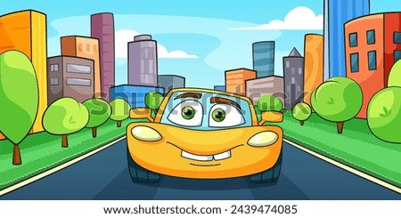 color book car background. flat simple vehicle golf microcar in urban street, logo label print patch or sticker. vector flat cartoon background.