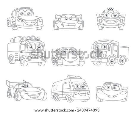 color book cars. black and white outlined flat simple vehicle van golf microcars collection, logo label print patch or sticker. vector objects set.