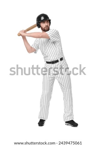 Baseball player taking swing with bat on white background