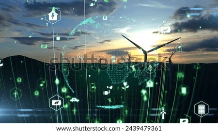 Alternative Energy. Wind farm. Aerial view of horizontal-axis wind turbines generating electricity Wind energy. Clean renewable energy technologies. Wind power plants. Animated visualization concept. 