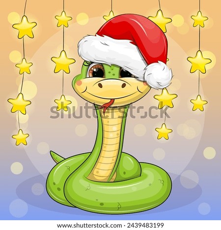 Cute cartoon green snake with star garland. Christamas Vector illustration of animal on a bright background. Royalty-Free Stock Photo #2439483199