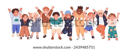 Happy children group. Cute diverse cheerful kids celebrating with hands up. Joyful excited kindergarten friends, little girls and boys. Flat graphic vector illustration isolated on white background