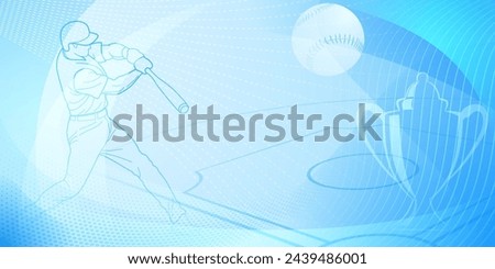 Baseball themed background in blue tones with abstract dotted lines, dots and curves, with silhouettes of a baseball field, cup, ball and batsman