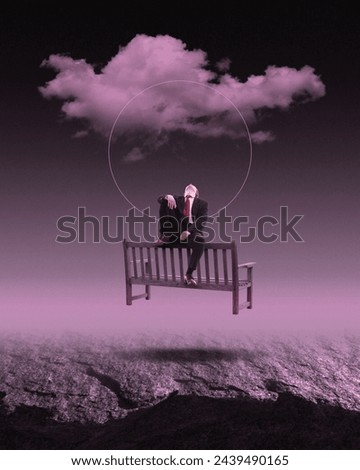 Man in a suit sitting on bench under single cloud. Thoughtful look, meditation and loneliness. Contemporary art collage. Concept of surrealism, psychology, creative vision. Poster