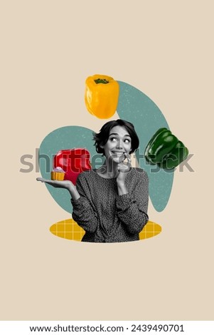 Photo collage artwork minimal picture of dreamy lady choosing healthy or unhealthy food isolated beige color background