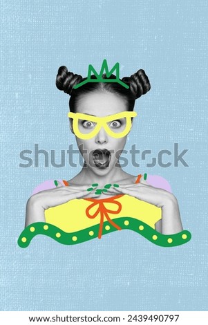 Vertical image creative collage young surprised astonished girl unbelievable emotion wow omg reaction royal painted crown outfit Royalty-Free Stock Photo #2439490797