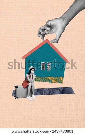 Vertical collage picture sitting young girl luggage suitcase sad relocation new accommodation house settlement drawing background