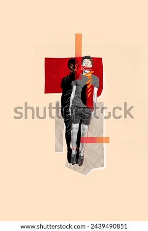 Vertical collage picture of black white colors horrified impressed guy painted scary shadow isolated on beige background