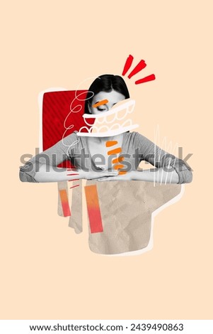 Vertical collage image sitting young woman mental issues depression apathy bad mood psychological problems despair drawing background