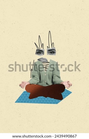 Collage picture of weird unusual woman sitting lotus pose om training yoga isolated on drawing background