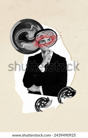 Vertical creative magazine collage of young puzzled businessman think new concept idea plan promotion hypnosis hallucination isolated on painting background