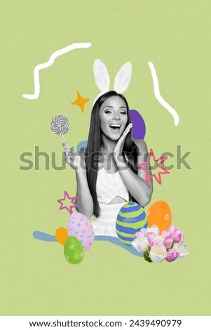 Vertical colage picture young girl spring festive holiday easter painted egg decoration rabbit ears costume hold lollipop candy