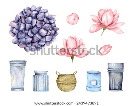 Hand-drawn watercolor illustration with flowers and packing, vases for bouquets. Flower shop set for decorating and designing souvenirs, posters, postcards, prints