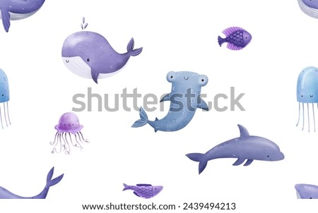 Seamless pattern with fish and jellyfish. Underwater sea world. Flora and fauna. Oceania. Children's hand drawn illustration on isolated background. Textile
