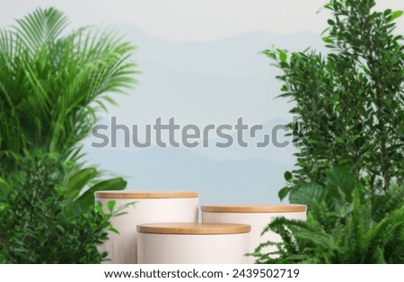Minimal wood podium with tropical forest plant blur blue sky montains landscape nature background.Product present natural placement pedestal minimal display,summer paradise dreamy concept.