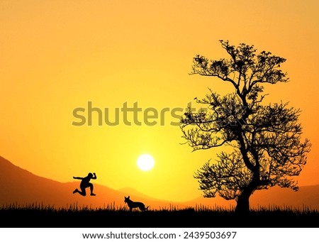 Man jumping happily with his dog on a beautiful evening