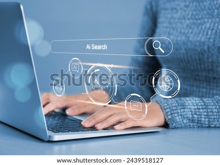 Businessman touches toolbar on AI search computer screen for optimizing information search by artificial intelligence technology AI search concept
