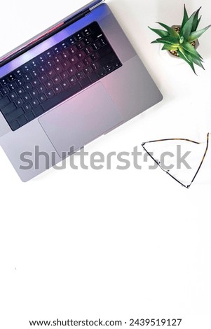 Laptop, glasses and flowerpot isolated on a white background.