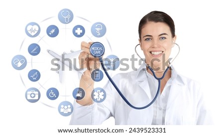 smiling doctor with stethoscope and airplane on medical icons background, medical insurance travel concept whether it's a summer beach vacation or a business trip. Health and safety