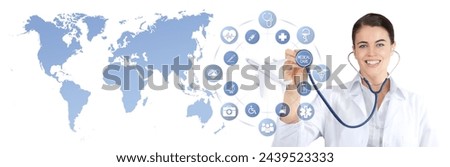 smiling doctor with stethoscope and airplane on world map and medical icons background, medical insurance travel concept whether it's a summer beach vacation or a business trip. Health and safety