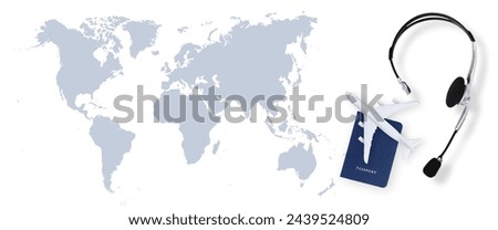 Top view of passport with airplane and headset on world map background, support office for international travel booking for vacations or business trips