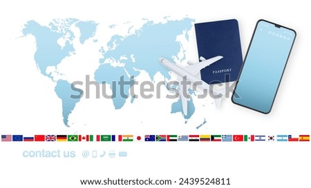 Top view of passport with airplane and mobile phone on world map background with flags and contact us icons, support office for international travel booking for vacations or business trips