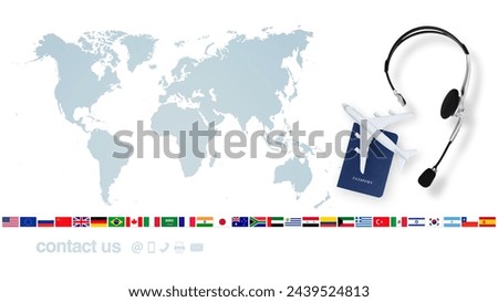 Top view of passport with airplane and headset on world map background with flags and contact us icons, support office for international travel booking for vacations or business trips