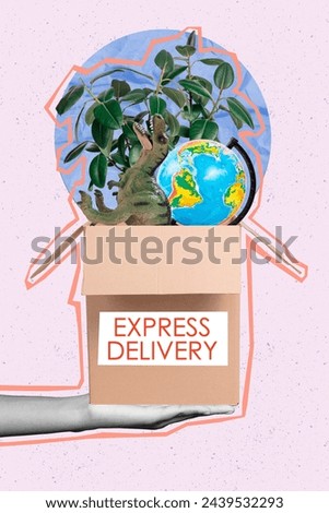 Vertical collage image of black white effect arm hold carton box express delivery dinosaur toy plant world globe isolated on creative background