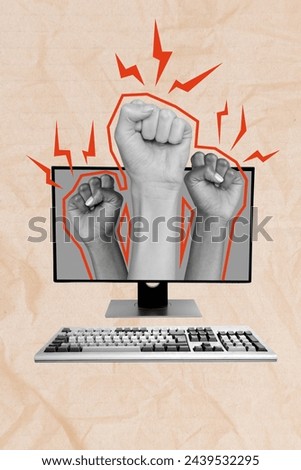 Trend artwork composite image photo collage of silhouette huge hands fist up in air from device computer screen remote human rights