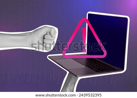Sketch image composite artwork 3D photo collage huge man hand fist alarm signal try brocke personal data on laptop shield protection