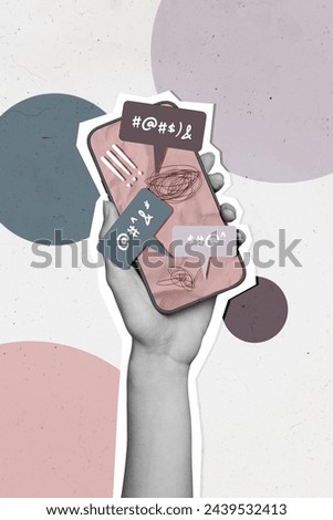 Vertical photo collage of hand hold iphone screen notification text box sms cyberbully comment hate insult isolated on painted background