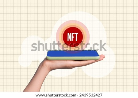 Creative collage image human palm holding smartphone nft cryptocurrency virtual assets trader earnings emoney rich checkered background