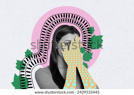 Trend artwork composite image 3D photo collage of young shy afraid lady close face with hand in cartoon gloves one eye look under fingers