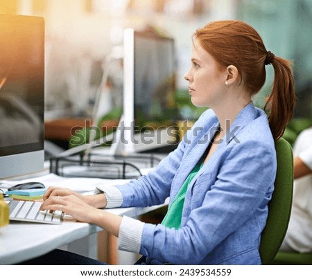 Business, woman and computer with typing, internet and journalist with PR agency and online reading for a company blog. Person, consultant or publisher with pc or magazine editor for research or tech