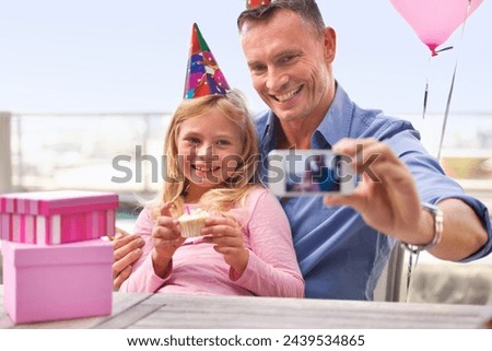 Father, child and birthday with selfie, cell phone and picture for memories or social media. Daughter, cake and presents for celebration outside, photo and screen on technology for photograph
