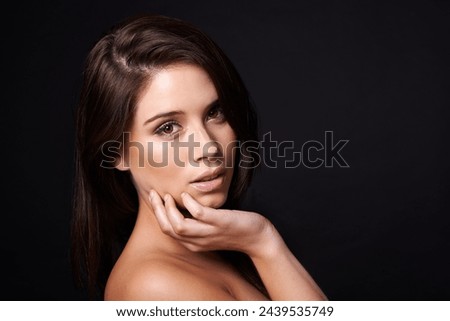 Portrait, makeup and woman in studio for cosmetic wellness, shine or natural results on black background. Beauty, face and calm female model with dermatology, treatment or glowing skin confidence Royalty-Free Stock Photo #2439535749