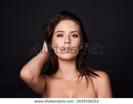 Portrait, attitude and woman in studio for skincare, wellness or collagen dermatology on black background. Beauty, face or female model with glowing skin treatment, results or cosmetic confidence Royalty-Free Stock Photo #2439536553