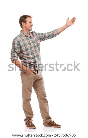 Presentation, smile and man with palm for advertising, marketing or mockup space in studio isolated on a white background. Happy person, promotion and hand gesture to show information or sales offer